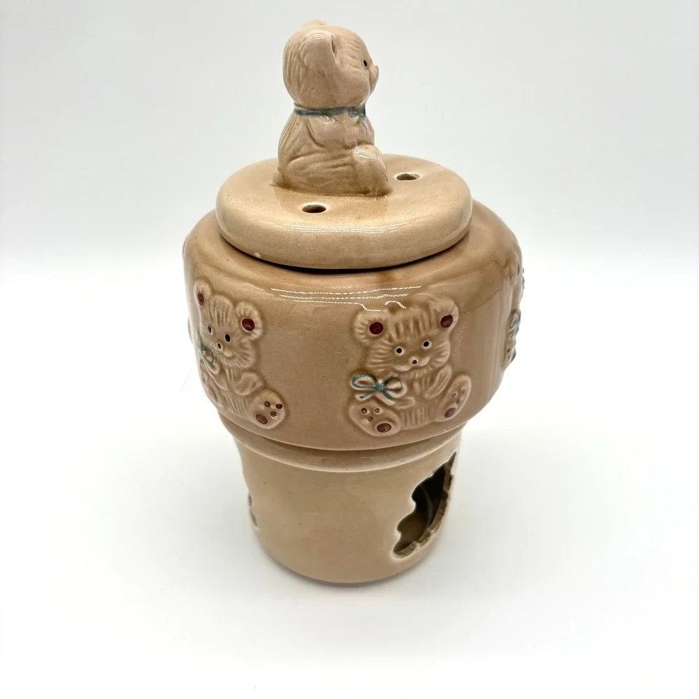 Vintage Teddy Bear Ceramic Potpourri Warmer Wax Melter 3 Pc Cottagecore Decor